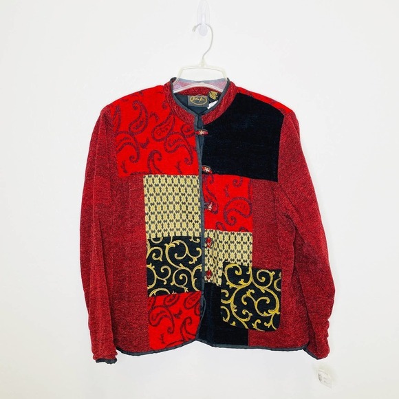 NEW With Tags Julia Kim Vintage Red Black Gold Tapestry Patchwork Jacket Medium - Picture 1 of 6